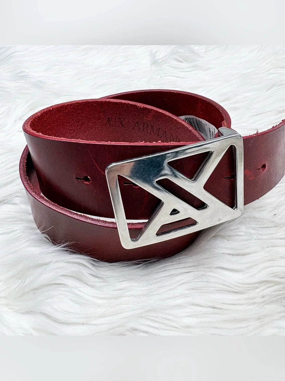 Armani Exchange Red Leather Belt Silver Logo Buckle Hardware AS IS